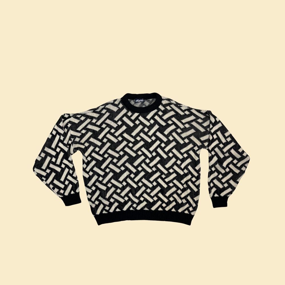 Geometric 1980s M sweater by Pilgrim, black & white USA-made knit crewneck